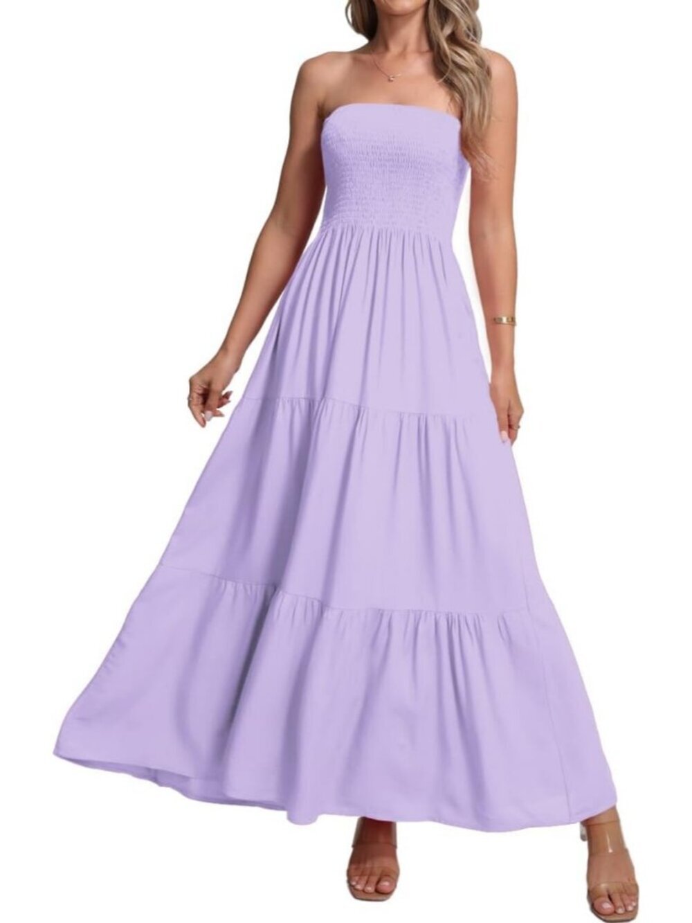 Women's Light Lilac Casual Off Shoulder Strapless Tube Top Beach Maxi Dress - Picture 3 of 6
